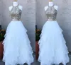 2 Pieces Prom Dresses 2019 Ruffles Gold Lace Applique Beaded Crystal High Neck Hollow Back Evening Gowns Elegant Formal Dress Graduation