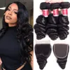 Malezyjska luźna fala ludzkie wiązki włosów z zamknięciem Remy Hair Bundels z szwajcarskich koronkowych Clousres tkania dla kobiet Natural Black Loose Curl