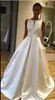 2019 Elegant Satin A Line Wedding Dresses bateau Sleeveless Keyhole V Backless Sash Pockets Pleats Sweep Long Plus Size Bridal Gowns