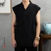 伝統的な中国の服2019 Hanfu男性のリネンコットンノースリーブジャケットメンズ唐スモーノカーディガン男性オープンステッチコート1