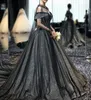 Modern Black A-Line Gothic Wedding Dresses Off the Shoulder Sparkly Tulle Women Non White Bridal Gowns With Cape Luxury Train Custom Made