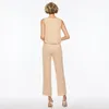 Elegant Three Pieces Mother Of The Bride Dress Pants Suit Sheath Long Sleeves Champagne Chiffon Wedding Prom Mother of the Bride Suits