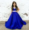 Kraliyet Mavi Çiçek Kız Elbise Düğün İçin Boncuklu Yaka Dantel Kanat Aplikler Boncuk Kızlar Doğum Günü Partisi Törenlerinde Saten Kız Pageant Elbise