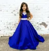 Royal Blue Flower Girl Dresses For Weddings Beaded Collar Lace Sash Appliques Beads Girls Birthday Party Gowns Satin Girls Pageant Dress