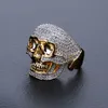 Gold Plated Iced Out Zirconia Halloween Unique Skull Hip Hop Punk Bling Rings Full Diamond Jewelry Gifts for Men 27cm Comfort Fit Wholesale