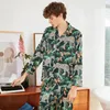 2019 män pajamas uppsättningar med byxor blomma tryck nattkläder pyjama satin sömnkläder silke löst två bitar långärmad pijama