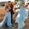 Sexy Engagement Party Jurken voor Dames Spaghetti Riem Backless High Slit A Line Court Train Sky Blue Tulle Boho Avondjurk