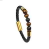 Fashion Design Men Genuine Leather Bracelets Natural Stone Beaded Bracelet 316L Stainless Steel Clasp Bangle Jewelry For Women Gift