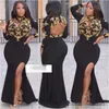 Black Plus Size Evening Dresses High Neck Gold Beaded Appliqued Sexy Side Slit Hollow Back Mermaid Long Sleeves Prom Party Ball Gown