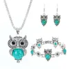 Fashion 10pcs/lot Classical Owl Turquoise Jewelry Sets 3 Piece Set Vintage Bohemia style Bracelet Pendant Necklace Earring Natural Stone Gift