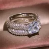 Size 5-10Sparkling Luxury Jewelry 925 Sterling Silver Cushion Shape White Topaz Diamond Eternity Pave CZ Women Wedding Bridal Ring Set Gift