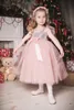 Cute Pink Princess Flower Girl Girls Sukienki 2019 Nowe Cekinowe Ruffles Krótkie dziewczynki Korowody Suknie