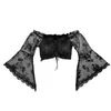 Women Crop Top Plus Size S-6XL Lolita Lace Mesh Rose Floral Half Flare Sleeves Costume Short Corset Top Blouse Shirt Scoop Neck Black White