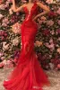 Arbaic Dubai One Shoulder Red Lace Mermaid Evening Dresses Illusion Tulle Floor Length Applique Formal Prom Dresses Evening Party Wear