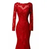 Emerald Red Lace Long Evening Dress Longeepes Pärlor svep Train Women Sexig paljetter Formell tävlingsklänning för Prom Party234s