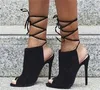 Merkontwerp vrouwen mode peep teen suède leer stiletto gladiator blauwe veter uit hoge hiel sandalen