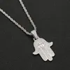 Pingente de mão hamsa de zircônia gelada, material de cobre, ouro e prata, colar de palma de fatima, joias de hip hop para homens e mulheres 2298