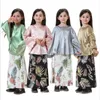 Kids Designer Clothes Girls Muslim Clothing Sets Baby Solid Tops Dresses Printed Culottes Suits Emulation Silk Cape Cloak Robes Pants A5867