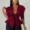 Dames Scuba Bowtie Peplum Blouse Shirts Half Mouw Sexy V-hals Tops Elegante Kantoor Dames Werkkleding Streetwear