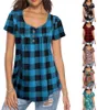 Verão casual feminino xadrez botão tshirts manga curta floral impressão grade t em torno do pescoço pulôver lazer t camisa topos s2xl 3387665