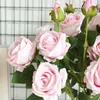 7Pcs/lot Flannel Pearl Rose Artificial Flower Decoration Wedding Background Plant Wall 3 Heads Rose Fake Flowers Home Decoration Bouquet