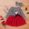 Decoraciones para niños pequeños niñas navidad santa estampado rayado tul mangas largas vestidos+trajes de banda para la cabeza