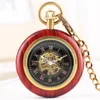 Antique Classic Retro Hand Winding Mechanical Pocket Watch Red Wood Skeleton Dial Roman Numeral Clock for Men Women Golden Pendant Chain