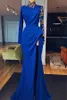 Royal Blue Mermaid Evening Dresses High Neck Long Sleeves Side Split Gold Appliques Prom Gowns Arabic Special Occasion Party Dress