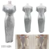 Sexy Silver Maxi Dress Women Tassel Sequin Deep-V Bodycon Dress Off Shoulder Long Sleeve Wedding Evening Party Long
