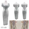 Sexig Silver Maxiklänning Kvinnor Tofs Paljett Deep-V Bodycon Klänning Off Shoulder Långärmad Bröllopskväll Lång