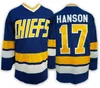 슬랩 샷 찰스 타운 족장 남자 16 잭 Hanson Jerseys 17 Steve Han Ice Hockey Jersey 자수 빈티지 18 Jeff Hanson CCM 영화 저지