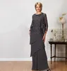 Gray Lace Mother Of The Bride Dresses With Long Sleeves Jackets Jewel Neck Sequined Evening Gowns Floor Length Wedding Prom Dresse8520282