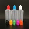 Frasco do conta-gotas do LDPE E 100ml com os tampões Childproof coloridos e as pontas finas longas, garrafas plásticas da agulha do PE, garrafa de óleo vazia
