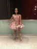 Roze halterhals cocktail party jurken mouwloze kant lovertjes korte puffy prom avondjurken backless-afrikaanse speciale gelegenheid jurk