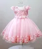 Милые розовые платья с цветочным узором для девочек, кружевное тюль с аппликацией и короткими рукавами, большой бант, кристаллы, цветы ручной работы, праздничное платье для маленьких девочек
