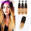 Indian Human Hair Ombre Hair 1B 4 27 Straight Silky 3 Bundles With 4X4 Lace Closure 1B/4/27 Natural Color