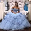 Light Sky Elegant Blue Lace Quinceanera New Tulle Applique Beaded Layered Ruffles Ball Gown Sweep Train Princess Party Prom Dresses