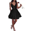 V Neck Satin Short Homecoming Dresses Sexy Spaghetti Straps A Line Knee Length Formal Party Gowns Short Prom Dresses BM0448