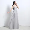 2019 Nuovo arrivo scollo a V in pizzo di cristallo con lacci lunghi abiti da ballo Vestido de festa consegna veloce abiti da sera in chiffon grigio 038