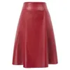 Kate Kasin Mulheres Faux Leather Saia Com Bolsos Flamejados A-Linha Saias Senhoras Vintage Back Zipper Preto / Vermelho PU Couro Midi Skirt