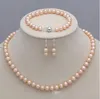 Mooie 7-8mm natuurlijke Akoya Freshwater Pearl Rose ketting armband oorbellen 18 ''