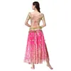 Kvinnor Belly Dance Outfits Indian Dance Hand-Broderad Bollywood Kostym 4PCS Set (Top + Belt + Kjol + Sari)