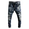 Mäns jeans italiensk stil mode män retro mörkblå splitsad designer förstörda rippade biker byxor streetwear hip hop1