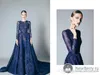 Navy Blue Elie Saab A Line Evening Dresses Lace Applique Beads Jewel Neck Long Sleeves Floor Length Formal Dress Evening Gowns Vestidos