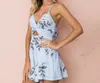 Kvinnor Rompers Print Lace Jumpsuit 2021 Spaghetti Strap Sommar V Neck Korta Pläterade Overaller Kvinna Playsuit1