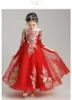 Red And Gold Lace Girls Pageant Dresses Off Shoulder Sleeves Zipper Flower Girl Dress Toddler Prom Evening Gowns Formal Party Bridal