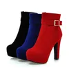 Plus Size 33 34 To 40 41 42 43 Blue Red Synthetic Suede Platform Ankle Boots Sexy Buckle Thick High Heel Designer Boots 12cm