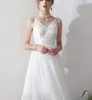 Abito da sposa corto a trapezio in tulle di pizzo lunghezza tè con spalline con scollo a V Abito da sposa informale all'aperto estivo trasparente con illusione sul retro