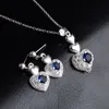 Dames Hart Zirkoon Sieraden Sets 925 Sterling Verzilverd Mode Blauw Crystal Diamond Stud Oorbellen Ketting met Link Ketting Huwelijksgeschenken