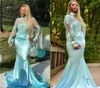 High Neck Teal Mermaid Prom Klänningar Långärmad Sweep Train Appliques Pärlor Illusion Bodice Lång Formell Evening Party Gowns 2019 Billiga